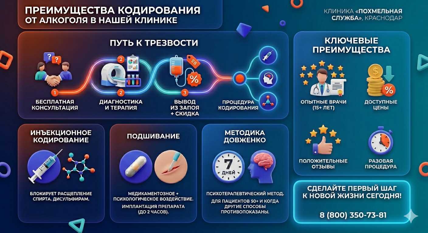 Инфографика о методах кодирования от алкоголя в Володарском: инъекции, подшивание, метод Довженко. Преимущества клиники и этапы лечения.
