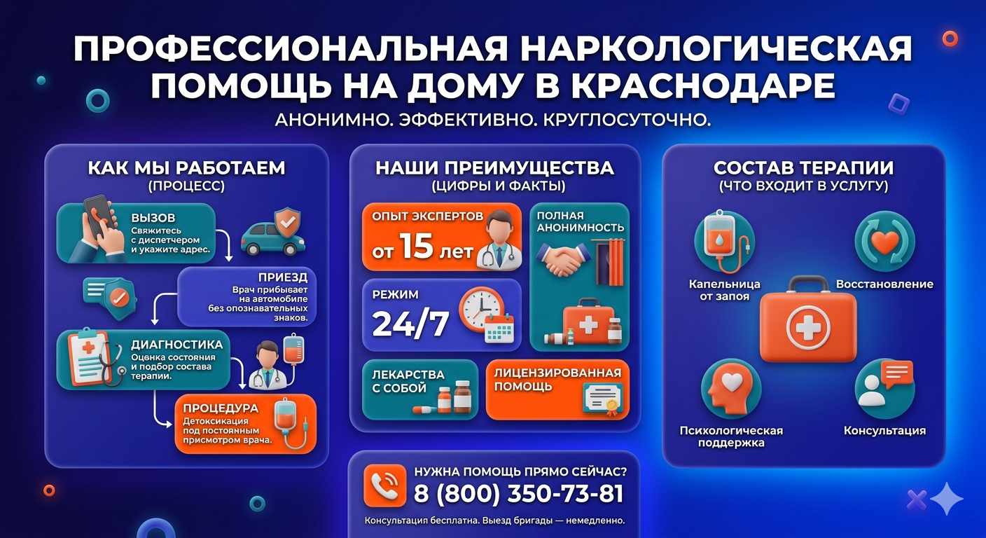 Инфографика о принципах лечения алкоголизма на дому в Володарском: этапы вызова нарколога, преимущества анонимной детоксикации и состав медицинской помощи.